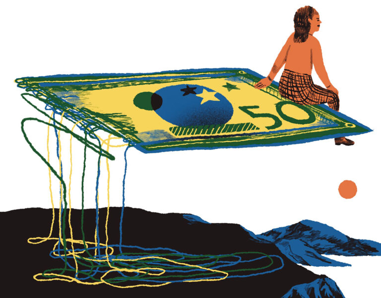 Illustration by Ludwick Hernandez: A woman flies over mountains on a flying ticket, colorful threads dangle to the ground