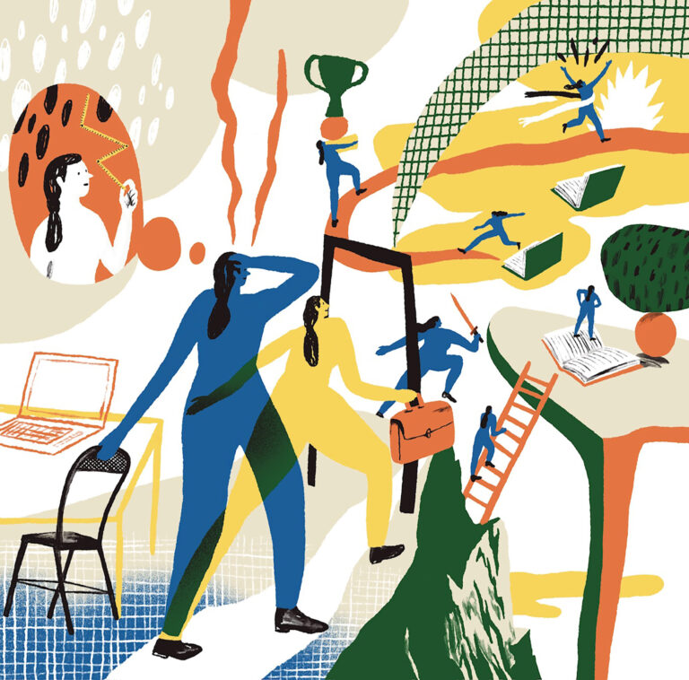 Illustration by Ludwick Hernandez: Dynamic scene illustrating the professional journey and the challenges to overcome